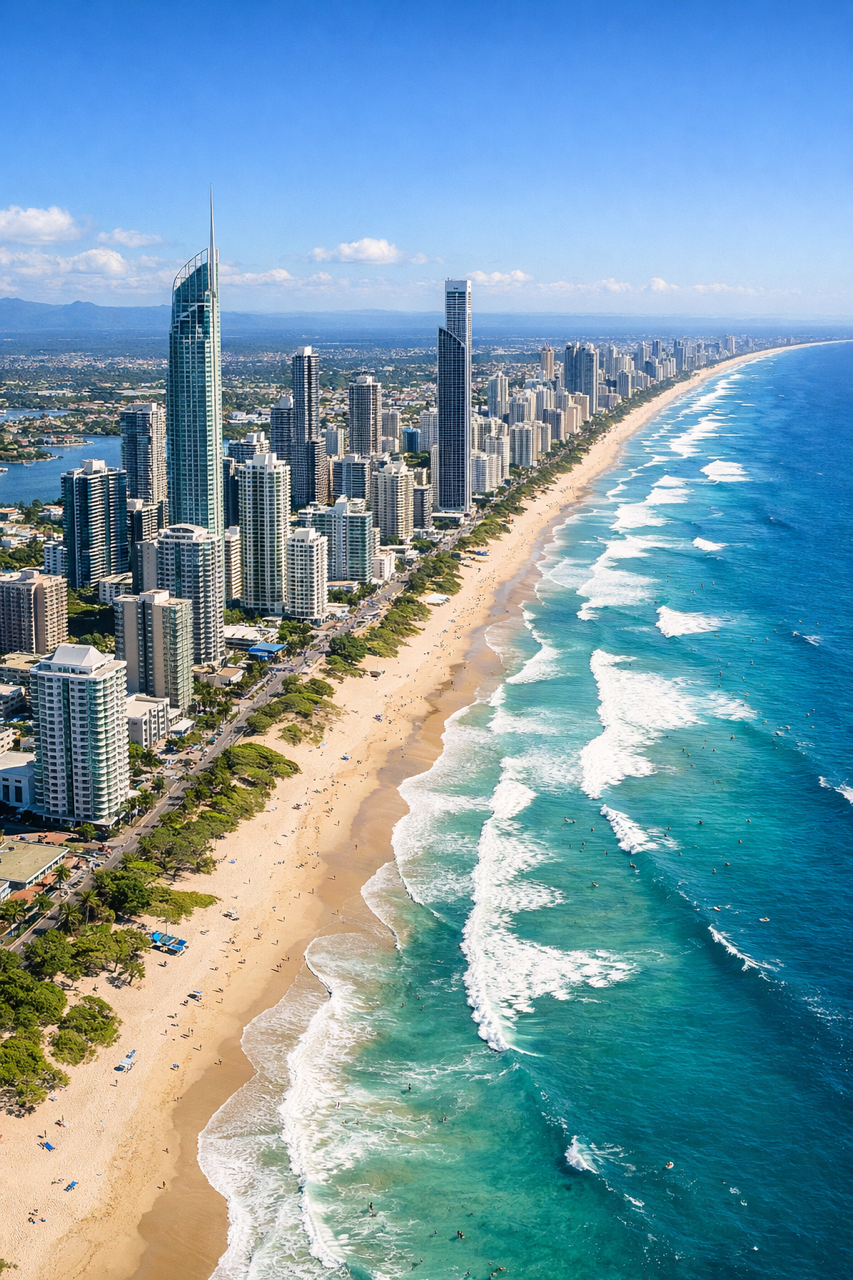 Aerial view of Surfers Paradise and the Gold Coast beachfront
